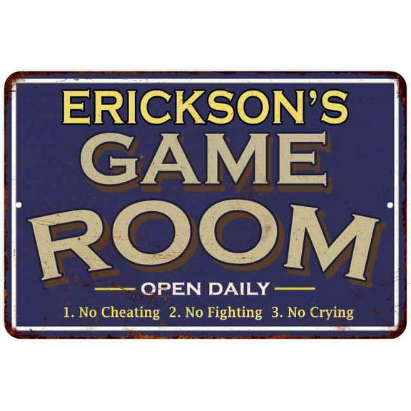 ERICKSON'S Blue Game Room Sign Metal 8 x 12 High Gloss Metal 208120002121