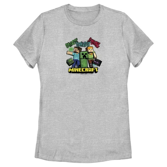 Women's Minecraft Create Survive Explore Alex and Steve Graphic Tee Athletic Heather 2X Large