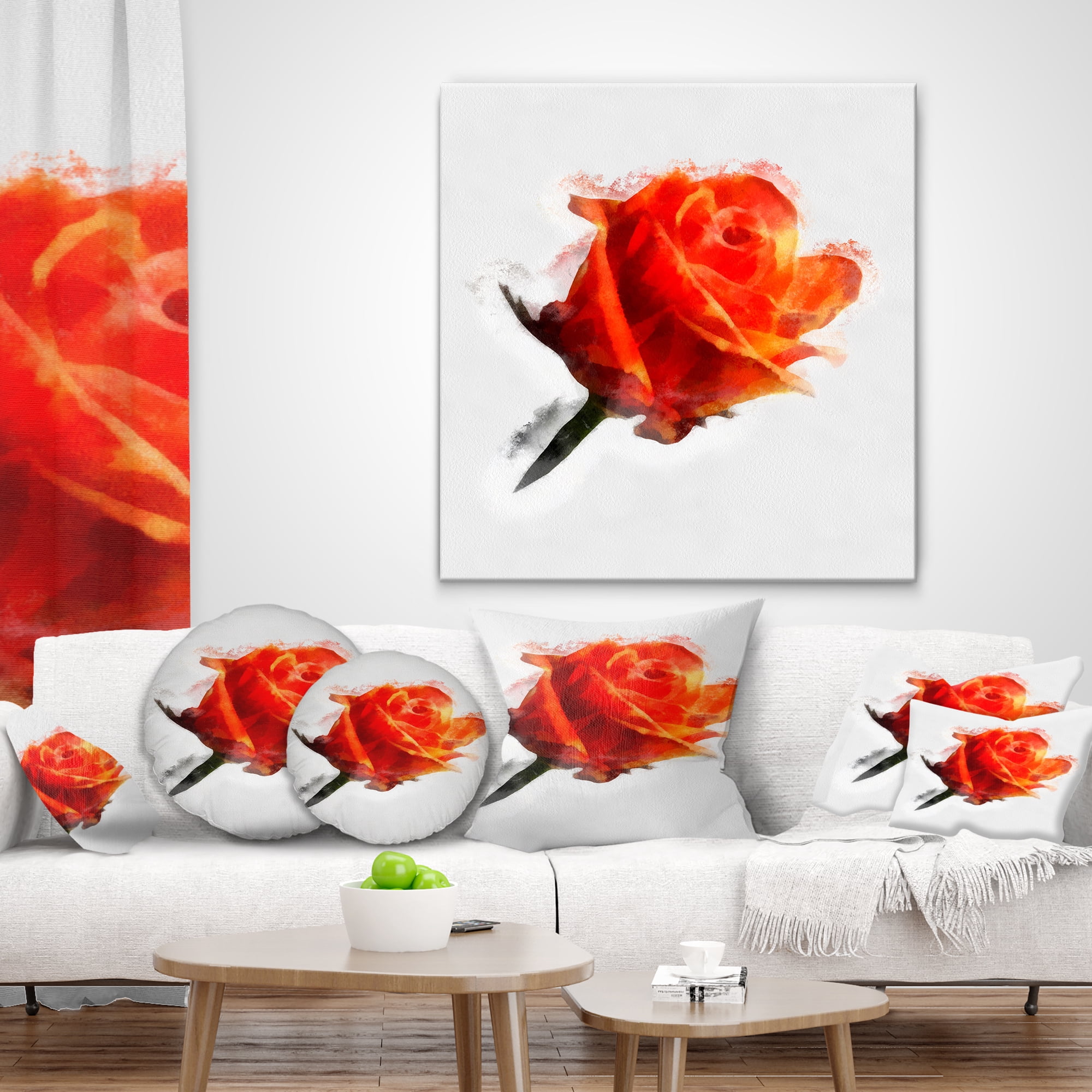 Designart Red Rose Drawing with Watercolor - Floral Throw Pillow - 18x18