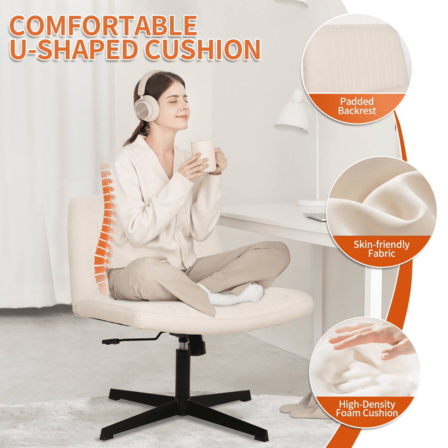 BIQWBIC Vanity Chair Adjustable Home Office Desk Chair Armless Swivel Cross Legged Chair with No Wheels, Beige