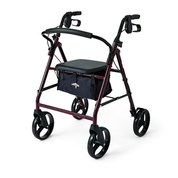 Andador de acero Medline para adultos con movilidad reducida, color burdeos, capacidad de peso de 168 kg, ruedas de 20 cm, plegable, asas ajustables, andador con ruedas para personas mayores.