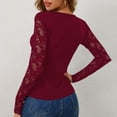 thumbnail image 6 of Delayuji Women's Long Sleeve Shirt Basic Layer Spring Solid Color V Neck Lace Mesh Sleeve Splicing Slim Fit Long Sleeved T Shirt Red, 6 of 7