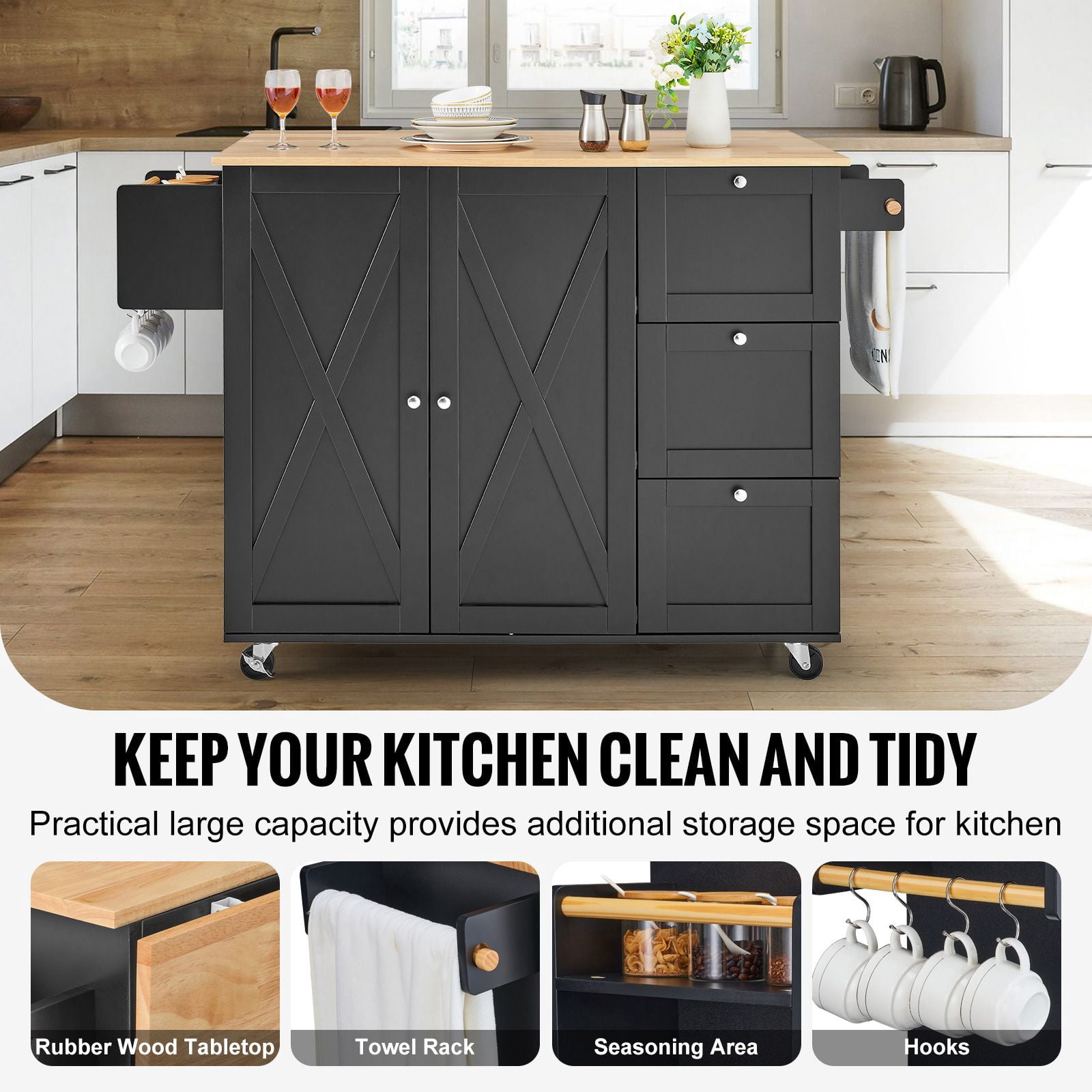 Kitchen Island Cart with Wheels, 2 Drawers & 2 Shelves, Mobile Rolling Storage Cabinet for Kitchen
