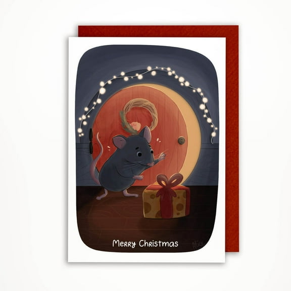 Merry Christmas Card Featuring Cute Mouse and Holiday Door Design – Perfect for Friends and Family – Envelope Included, Blank Inside for Personal Messages