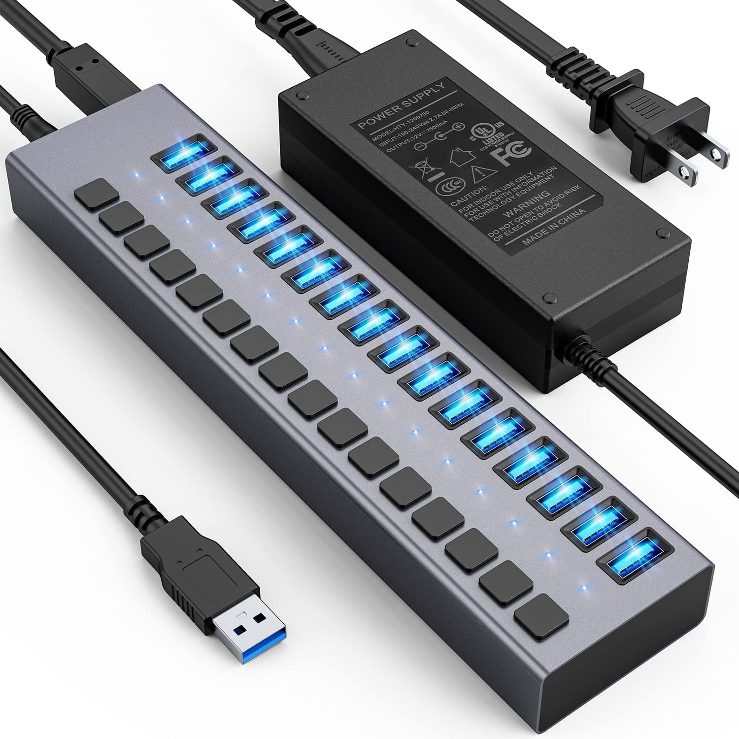 Powered USB Hub - 16 90W USB 3.0 Data Hub, Individual On/Off Switches, 12V/7.5A Power Adapter, 5Gbps High Speed, USB 3.0 for Laptop, Computer, Mobile HDD, Flash Drive Walmart.com