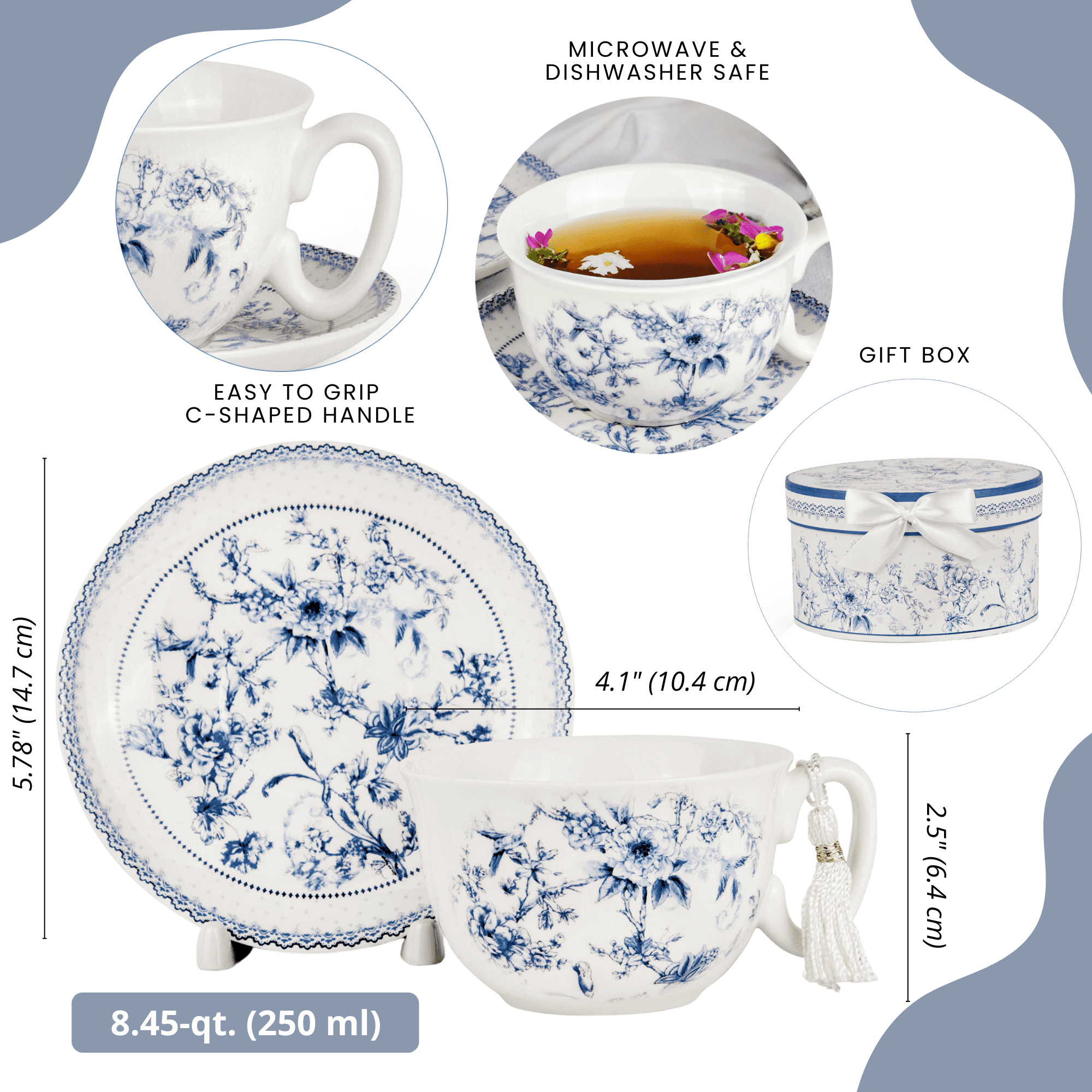 STPgoods Blue Flowers Bone China Tea Cup and Saucer Set for