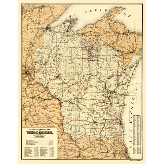 Railroad Map - Wisconsin Railroads - Rice 1900 - 23 x 29.36 - Vintage Wall Art