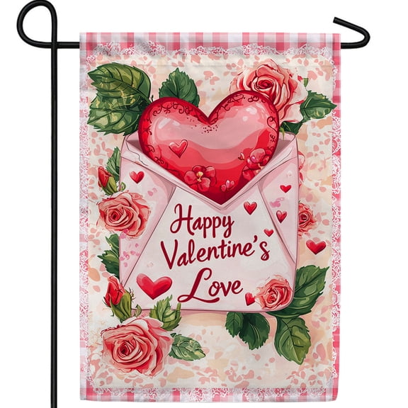 America Forever Happy Valentine's Love Garden Flag, 12.5 x 18 inch Double Sided, Valentine Heart Envelope Pink Roses, Valentine's Day Seasonal Outdoor Decor, Love Flag