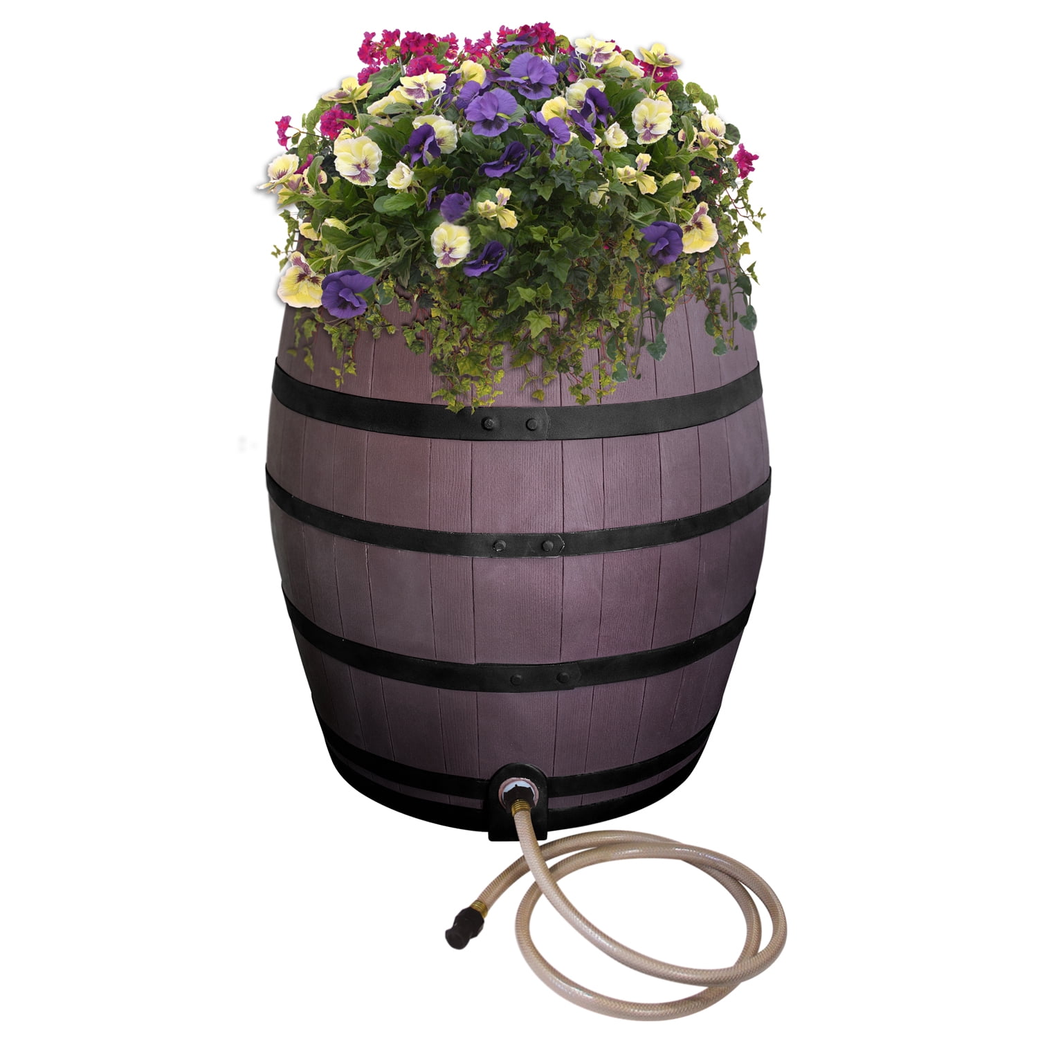 Rescue 50-Gallon Whiskey Rain Barrel with Black Bands - Includes Planter, Rain Water Diverter, Outlet Hose - Flatback Design -Brown