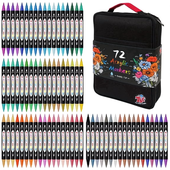 Tbc The Best Crafts 72 Dual‑Tip Acrylic Paint Marker Set, Double Zipper Canvas Storage Bag, Waterproof Non‑Toxic Odorless Paint Pens for Paper, Pottery, Stone & Glass