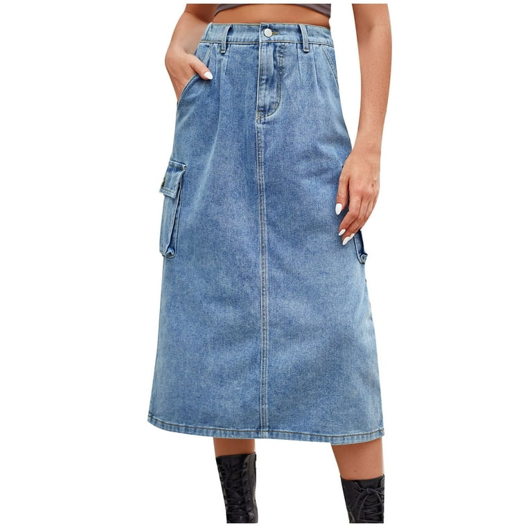 JNGSA Long Denim Skirts for Women Maxi High Waist A-Line Jean Skirt with  Pockets Summer/Fall Stretch Midi Skirt Blue