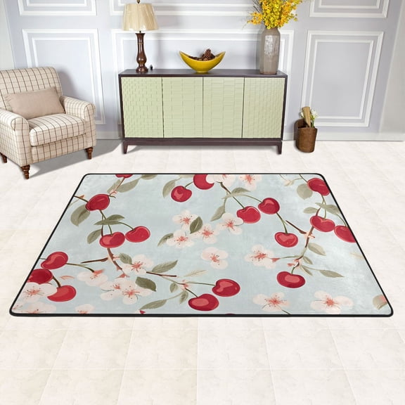 Area Floor Mats Flowers Cherry Print Large Nursery Rugs Non-Slip Living Room Carpets Bedroom Doormat for Dinning Decor 36" x 24"