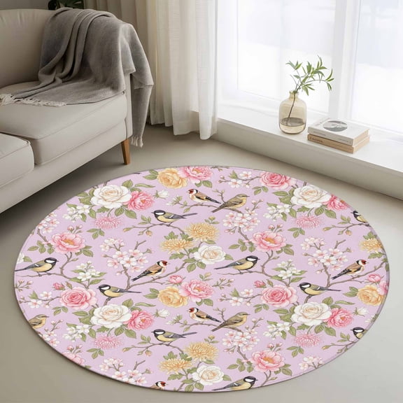 Pink Spring Floral Round Area Rug 4Ft Washable Circle Rugs for Bedroom Dining Room, Elegant Farmhouse Flowers Birds Watercolor Non-Slip Carpet Floor Mats Indoor Outdoor Carpet Runner Home Decor