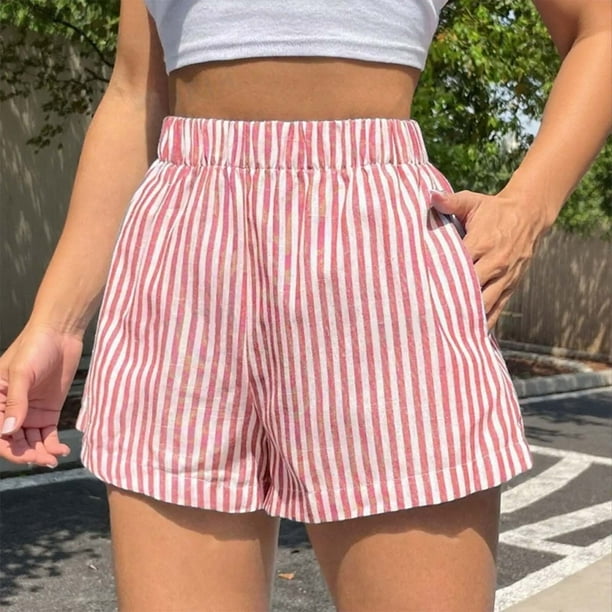 MKLEKYY Pantalones Cortos Deportivos para Mujer, Elegantes Pantalones Cortos de Playa con Cintura Alta y Pierna Ancha con Rayas Verticales para Verano