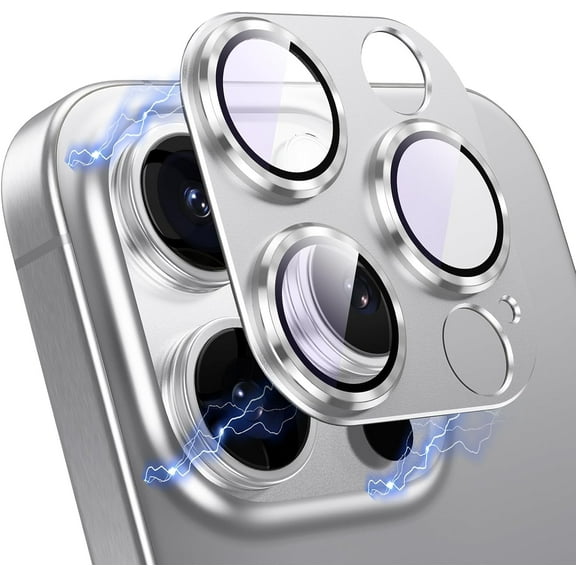 2023 Camera Lens Protector iPhone 15 Pro/iPhone 15 Pro Max, Upgraded 3D Metal Anti-Scratch Camera Cover with 9H Tempered Glass Screen Protector, Lens Protector Strong Adsorption -Silver