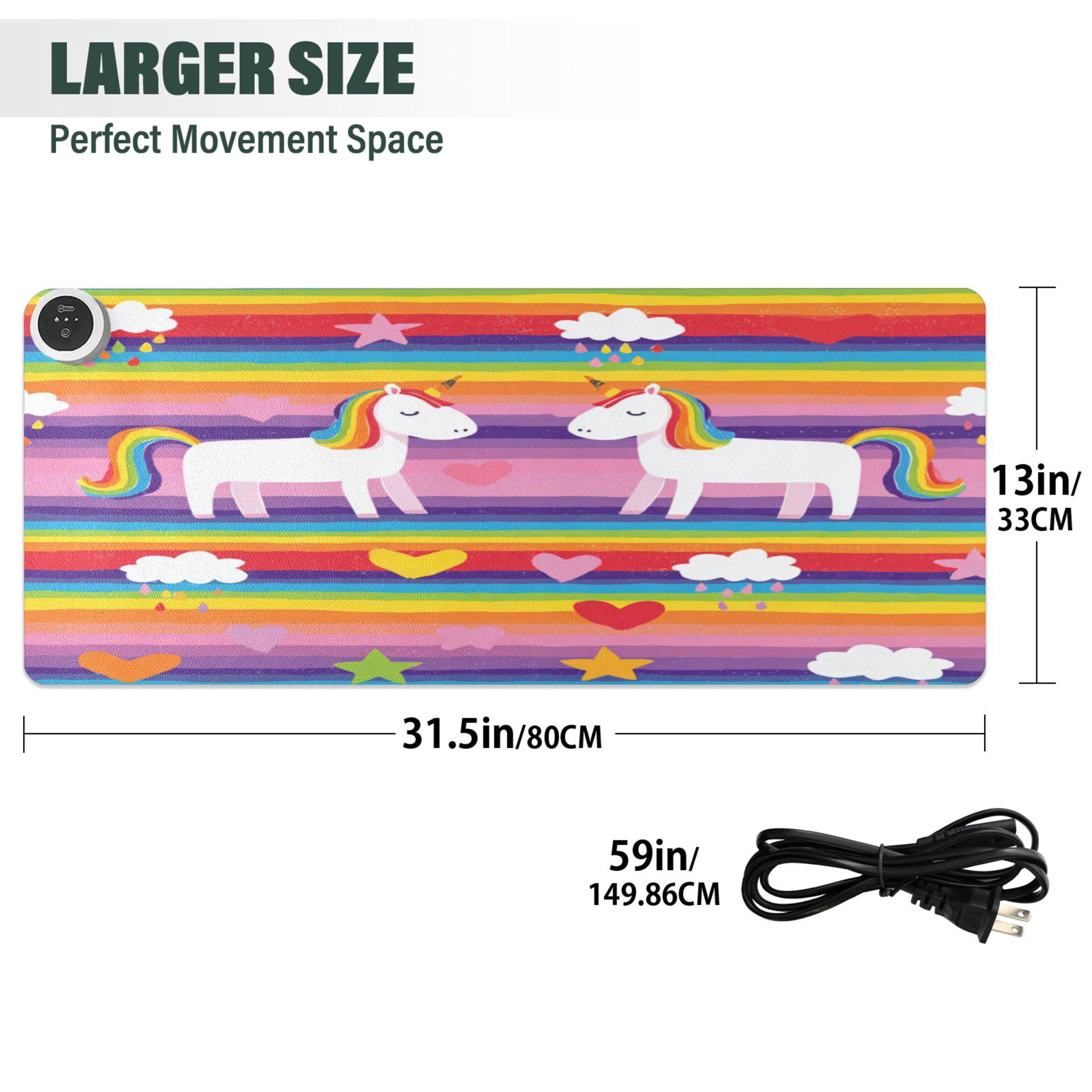 Large Heated Desk Mat Mouse Pad 31.5"x13"PU Leather Graphene Heating Desk Warmer with 3 Temperature Settings 110V US Plug Non-Slip Warm Pad for Home, Office, and Gaming Rainbow Striped Unicorn Print