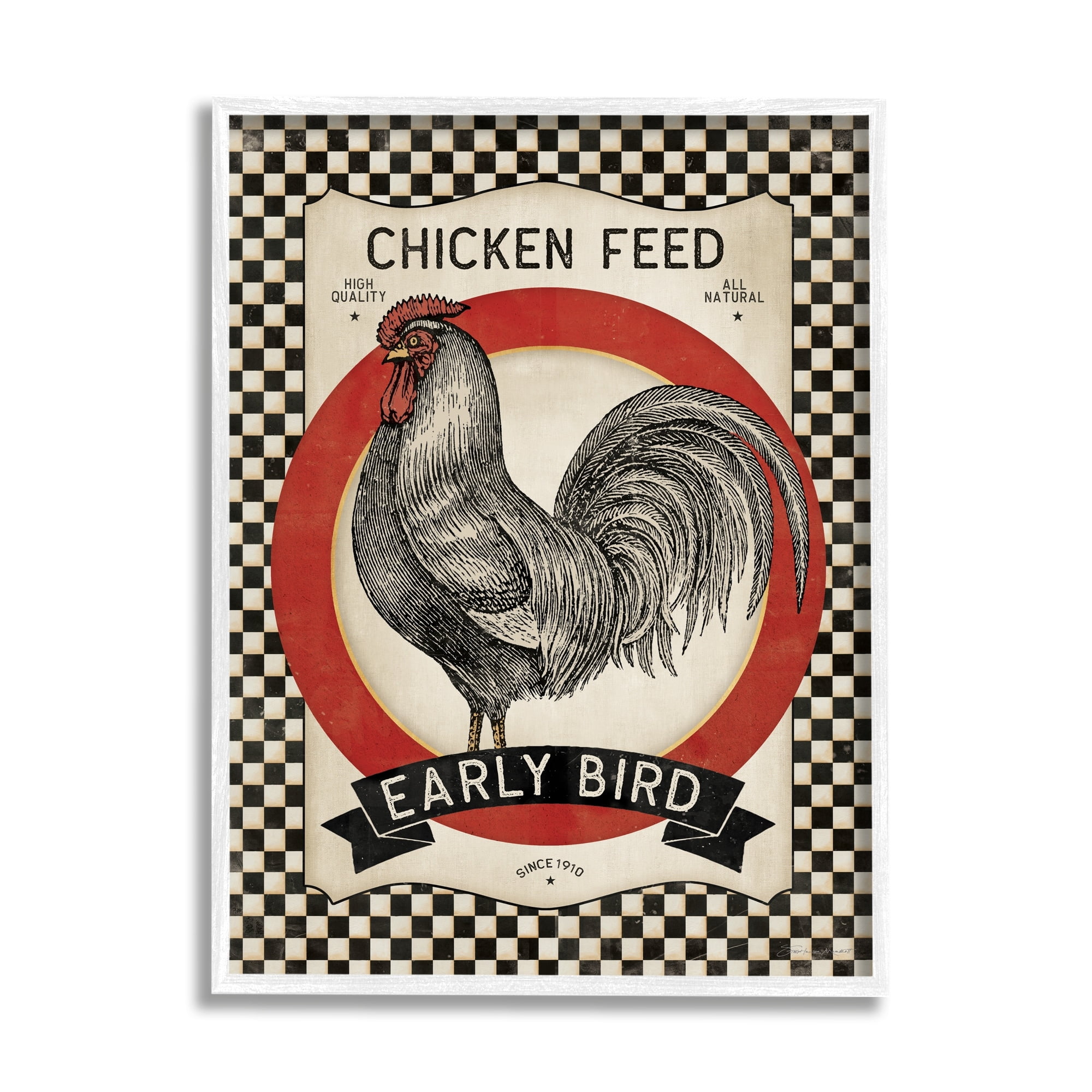 Stupell Industries Vintage Farmhouse Chicken Feed Advertisement Rooster Checkered Pattern, 11 x 14, Design by Stephanie Workman Marrott
