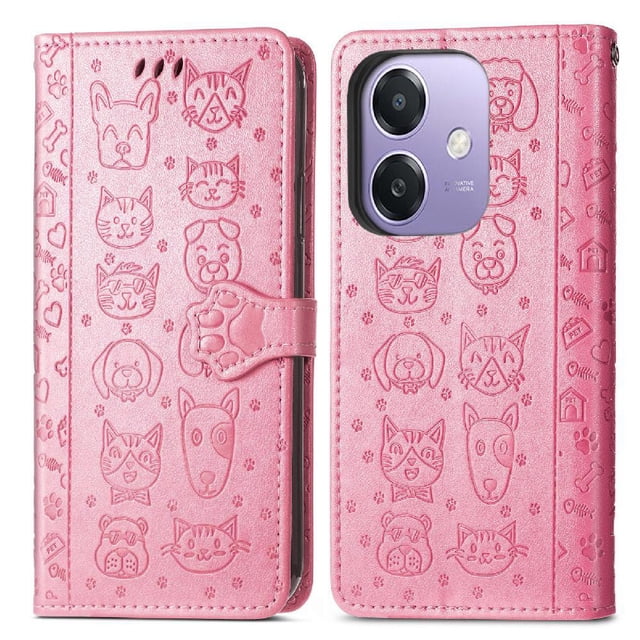 Funda Cartera FOXDOCK para OPPO A40 4G , Flip PU con Relieve de Gatos y Perros, Tarjetero y Soporte