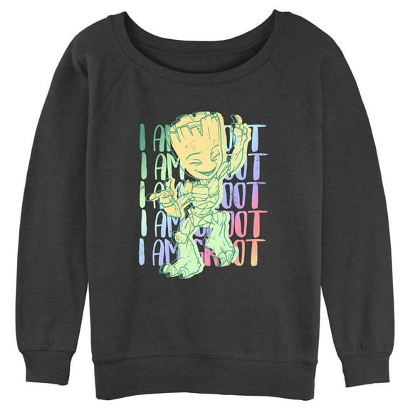 Junior's Marvel: I am Groot Rainbow Quote Dance  Sweatshirt Charcoal Heather Large
