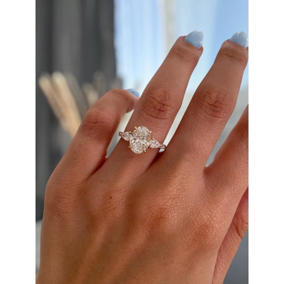 ESTE ORIGIN 2.00Ct Oval Cut Moissanite Trilogy Engagement Ring – Pear Side Stones, Cathedral 2/3 Pavé Band in 10K Yellow Gold for Women