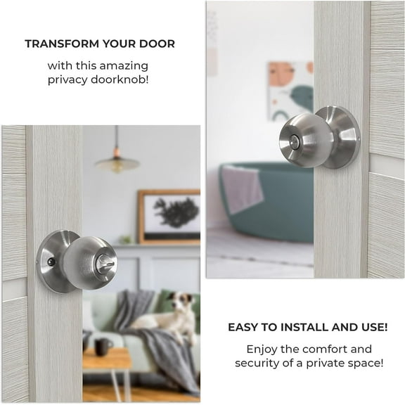 UKLL-Privacy Door Knob and 3 Door Hinges Set with Magnetic Door Stopper - Complete Interior Door Hardware Kit - Satin Nickel
