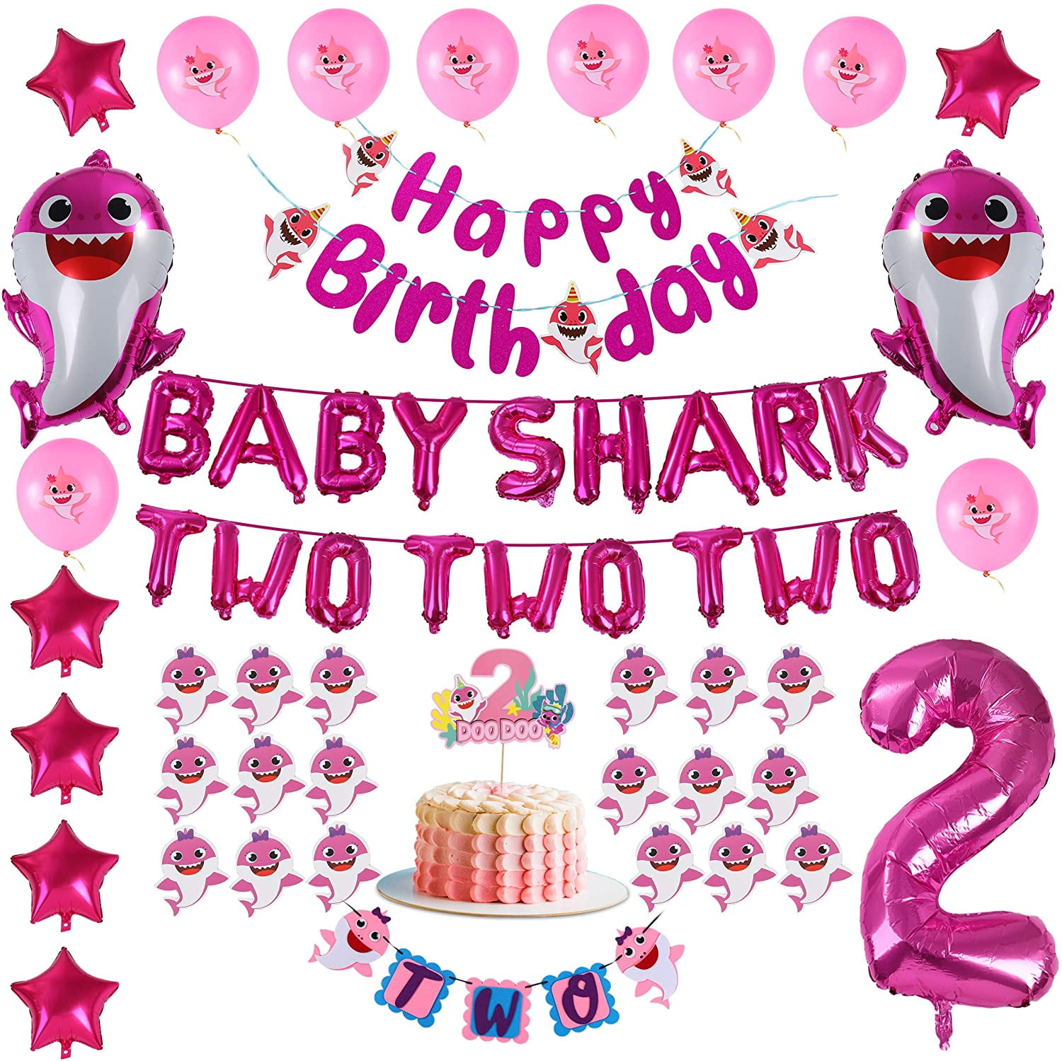 2nd Birthday Baby Shark Decorations Theme For Girl Pink Baby Shark Two Two No 2 Foil Balloons Cake Cupcake Toppers Walmart Com Walmart Com