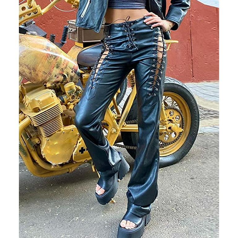 DanceeMangoos Women's Lace Up PU Leather Pants Trendy Y2k High Waist Hollow  Out Drawstring Bandage Cut Out Faux Leather Trousers 