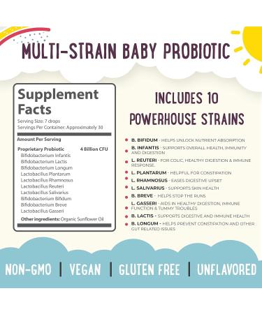 Mama Natural Baby Probiotic Drops | Pediatrician-Approved Infant Probiotic Colic Drops – Infant Gas, Constipation, Fussiness & Immune Support Supplement – 10 Strains & 4 Billion CFU with MCT Oil