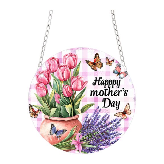 Happy Mother's Day Wooden Door Hanging Sign Pink Welcome Farmhouse Door Decor Vintage Mother's Day Wood Rose Bow Gift Sign Rustic Wall Plaque Ornaments for Window Wall Porch 7.9" - D