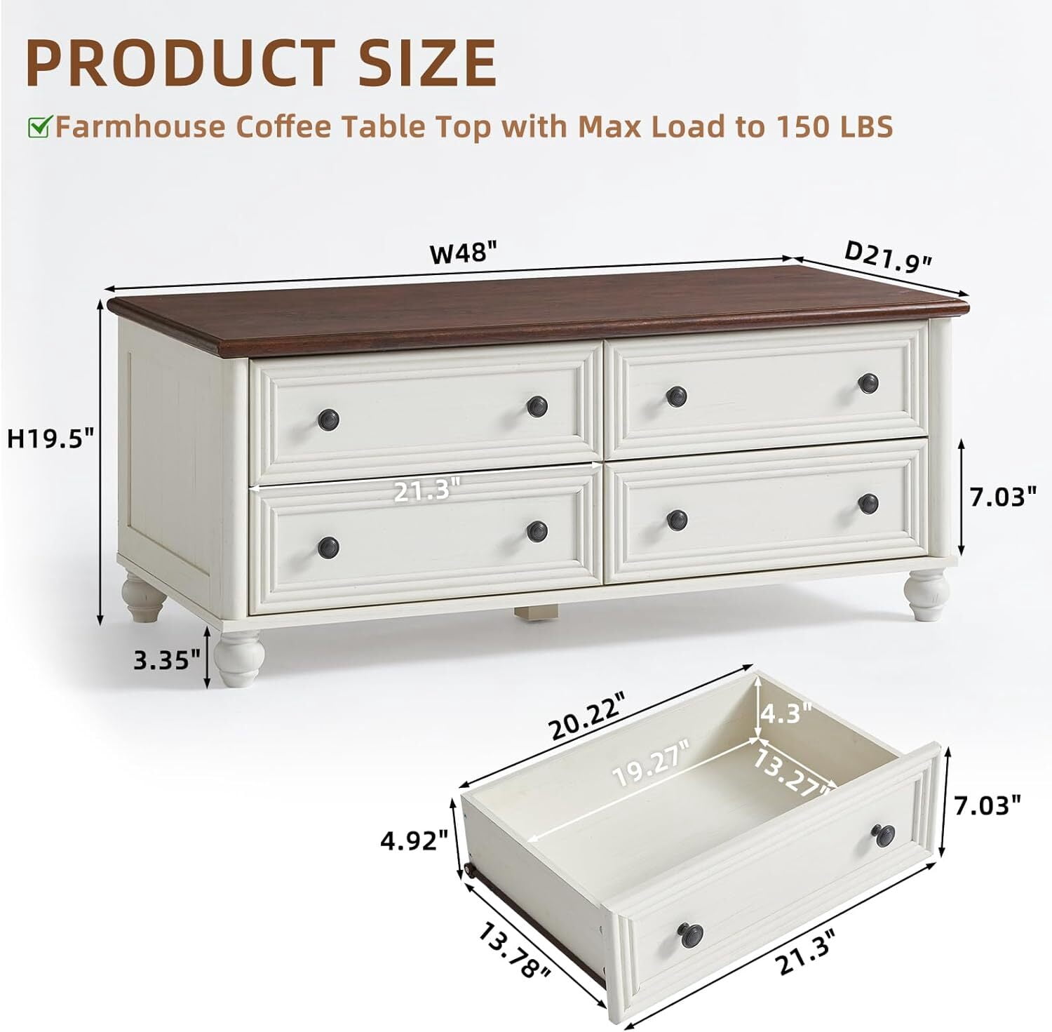 Leyaoyao Farmhouse Coffee Table with Drawers, Rectangular Rustic Center Table with Hidden Storage for Living Room, Office, White
