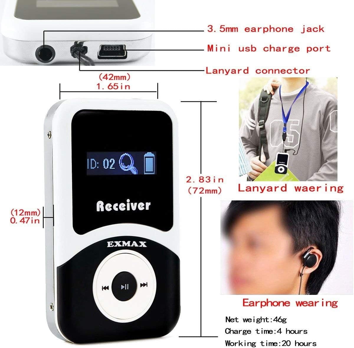 EXMAX® EX-100 Wireless Tour Guide System Microphone Earphone Headset for Church Translation Walking Museum Tour Courtroom Assitive Listening (1 Transmitter 15 Receivers 16-Ports USB Charger Base)