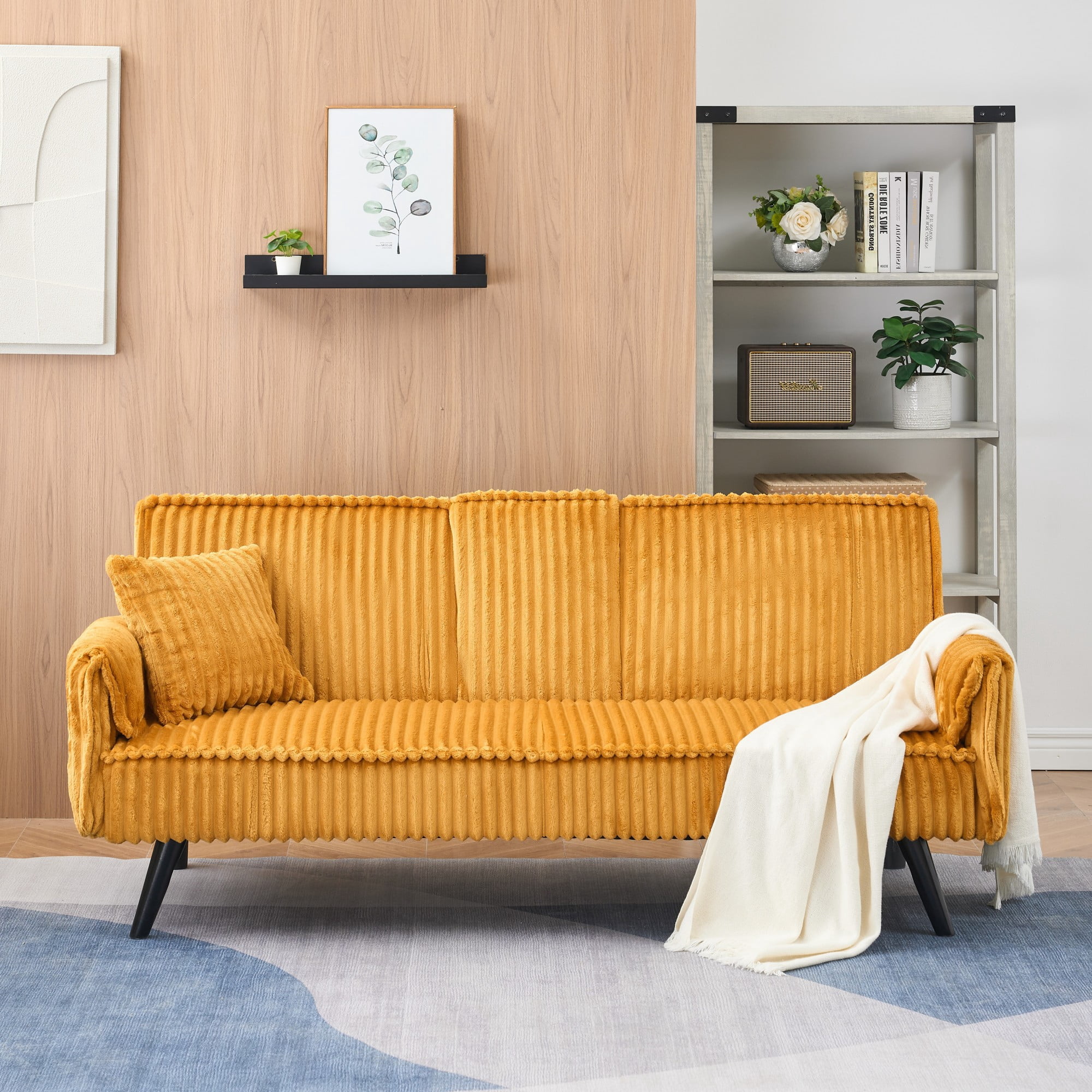 Gewnee 72" 3‑Seat Convertible Sleeper Sofa, Corduroy Couch with Retractable Cup Holders, 3‑Position Adjustable Backrest sofa bed for Living Room Bedroom,Orange