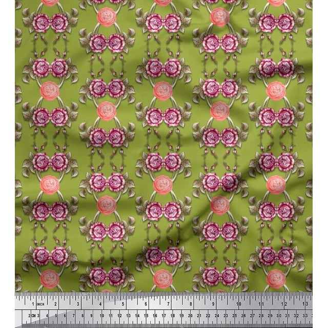 Soimoi Polyester Crepe Fabric Leaves,Rose & Camellia Floral Decor Fabric Printed Yard 42 Inch Wide