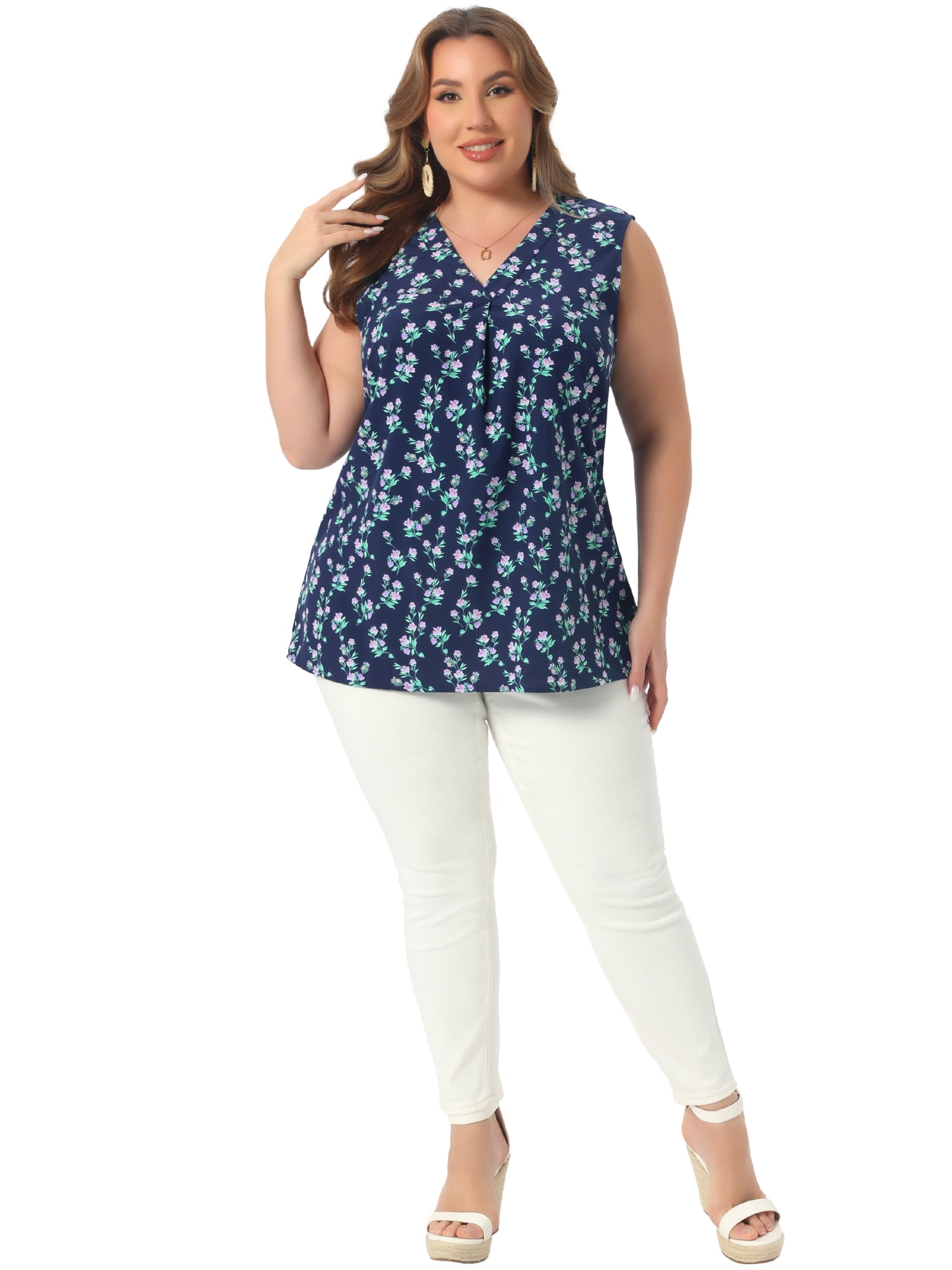 DARING DIVA Women's Stylish Plus Size Floral Sleeveless Tank Tops 1X Navy Blue