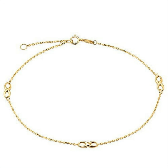 LOVEBLING 10K Yellow Gold .50mm Diamond Cut Rolo Chain with 3 Infinity pendants Anklet Adjustable 9" to 10" (#11)