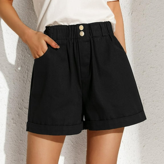 2025 New Womens Shorts Casual Fashion Solid Shorts High Waisted Button Front with Pocket Stretchable Plus Size Shorts for Women Black