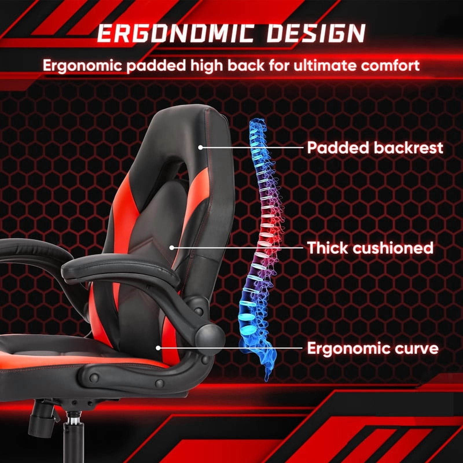 Gianna Ergonomic Computer Gaming Chair with Flip-up Armrest, Height Adjustable PU Leather Home Office Desk Chair with Lumbar Support Swivel Wheels and for Adults，Black Red