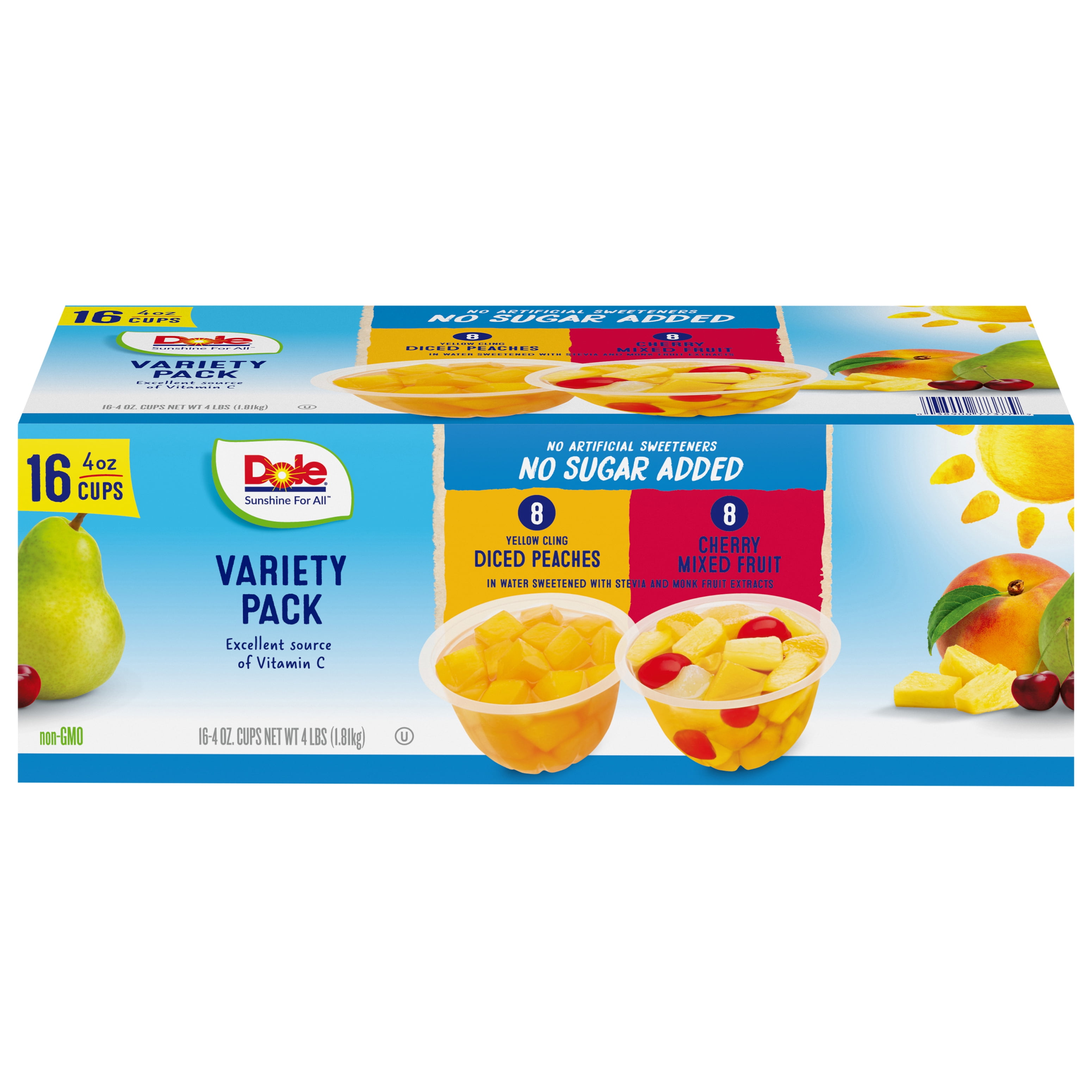 Dole No Sugar Added Diced Peaches/Cherry Mixed Fruit Fruit Bowls Snacks Variety Pack 16 - 4 oz Cups