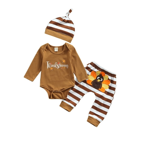 Gupgi Baby 3Pcs Thanksgiving Day Outfits, Letter Romper Turkey Pants Hat,0-18M
