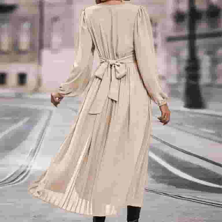 ワンピース PLAIN Long Beige Dress with Bow at the Back in Fabric Woman Cavosen V Neck Dresses for Women Beige Long Sleeve Maxi