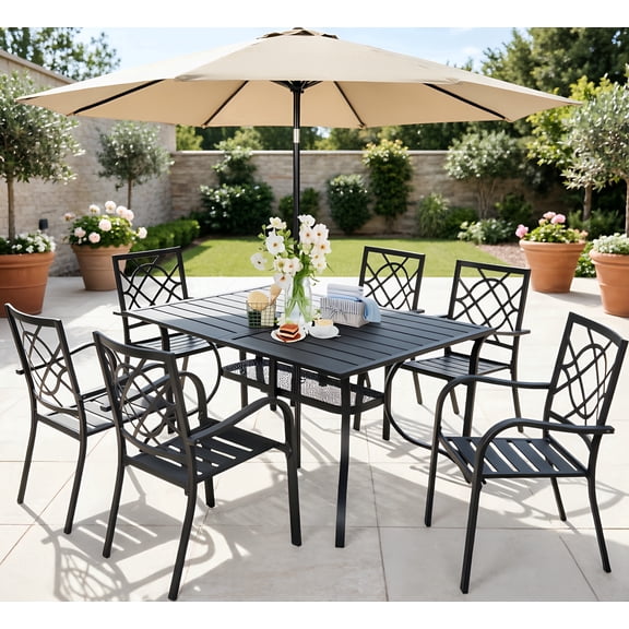 SOLAURA 8-Piece Outdoor Patio Dining Set with Umbrella, Stackable Metal Chairs and Rectangular Dining Table for 6 People (Brown)