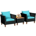 thumbnail image 2 of Costway 3PCS Outdoor Patio Rattan Furniture Set Wooden Table Cushioned Sofa Turquoise, 2 of 10