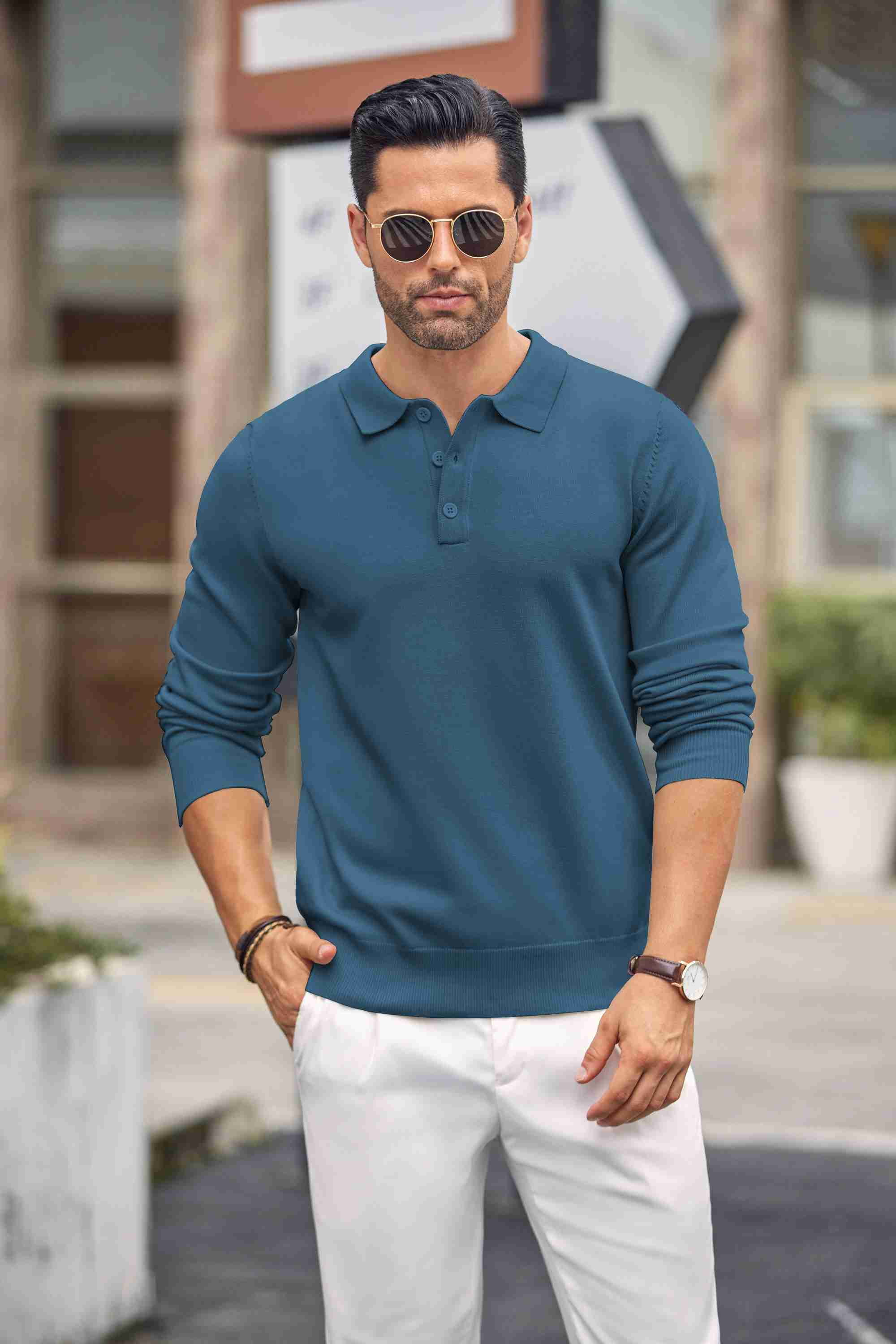 COOFANDY Mens Knit Polo Shirts Casual Long Sleeve Classic Polo Shirts Button Down Golf Shirts Cream
