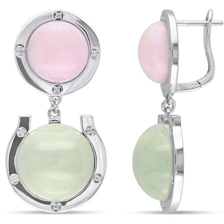 Tangelo 39 Carat T.G.W. Prehnite and Pink Opal with 1/10 T.W. Diamond Sterling Silver Two-Stone Clip-Back Drop Earrings