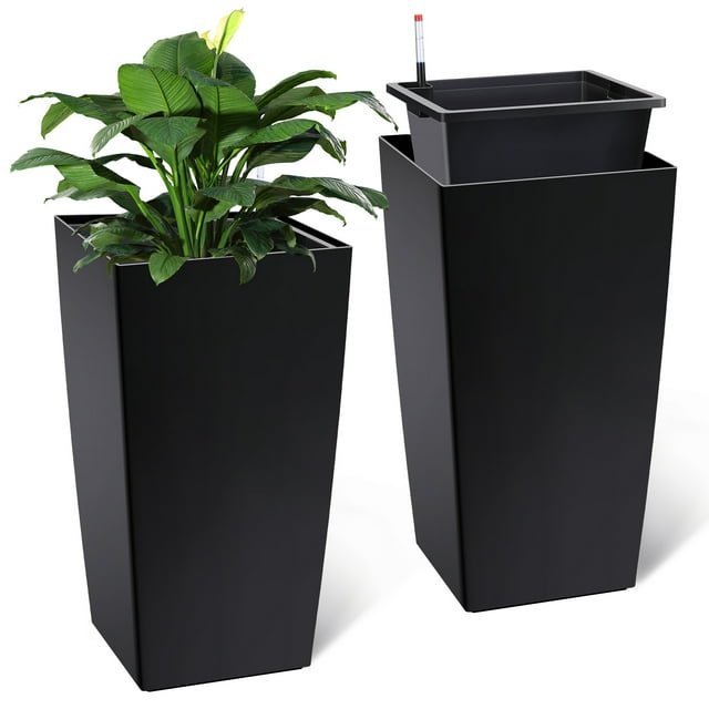 Garvee 30" Tall Planters Set of 2 with Drainage Holes&Water Level Monitor &Inner Bucket,Black