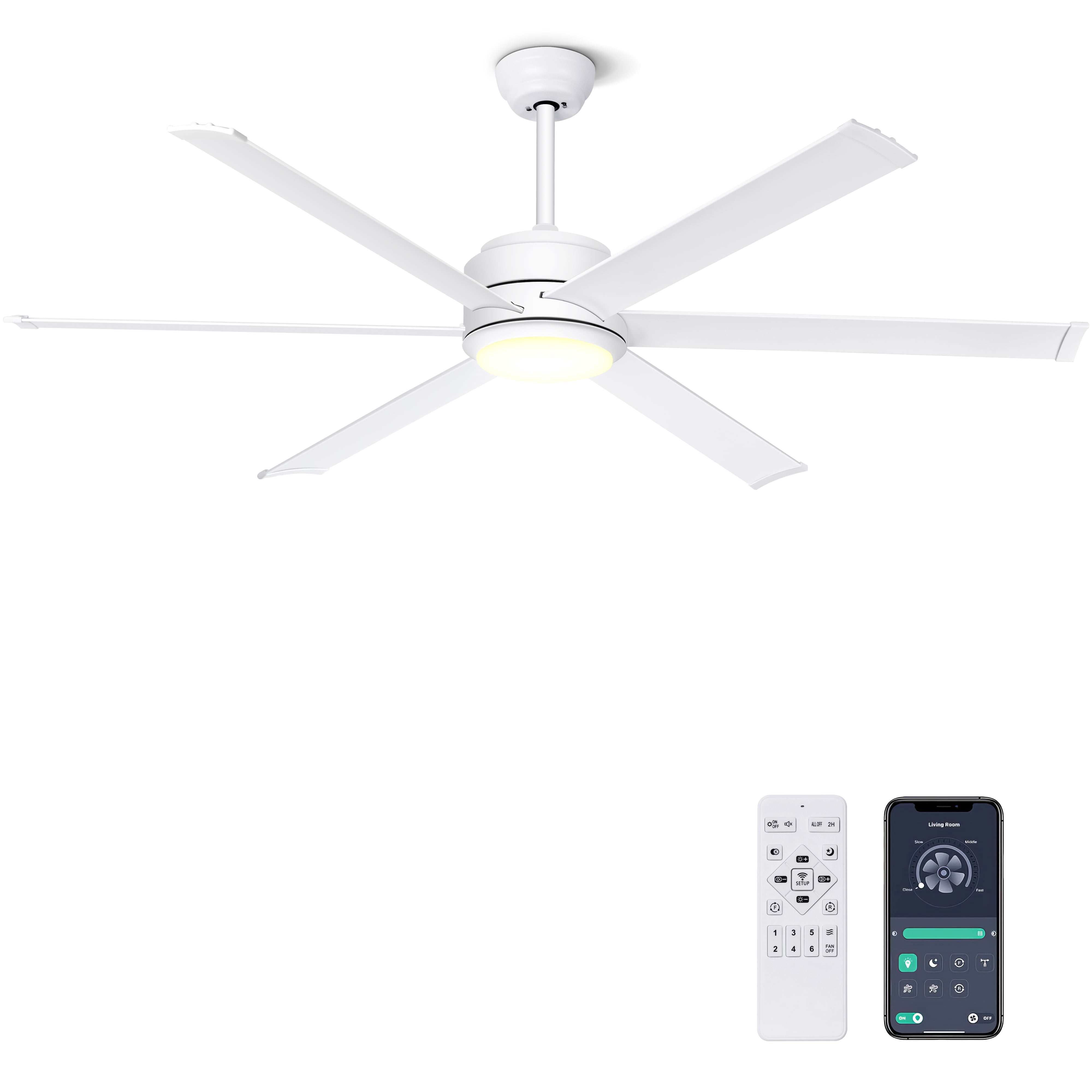 Ohniyou 60" Industrial Ceiling Fan with Lights And Remote, 6 Aluminum Blade Dimmable Farmhouse Indoor Outdoor Ceiling Fan for Patio Living Room, White