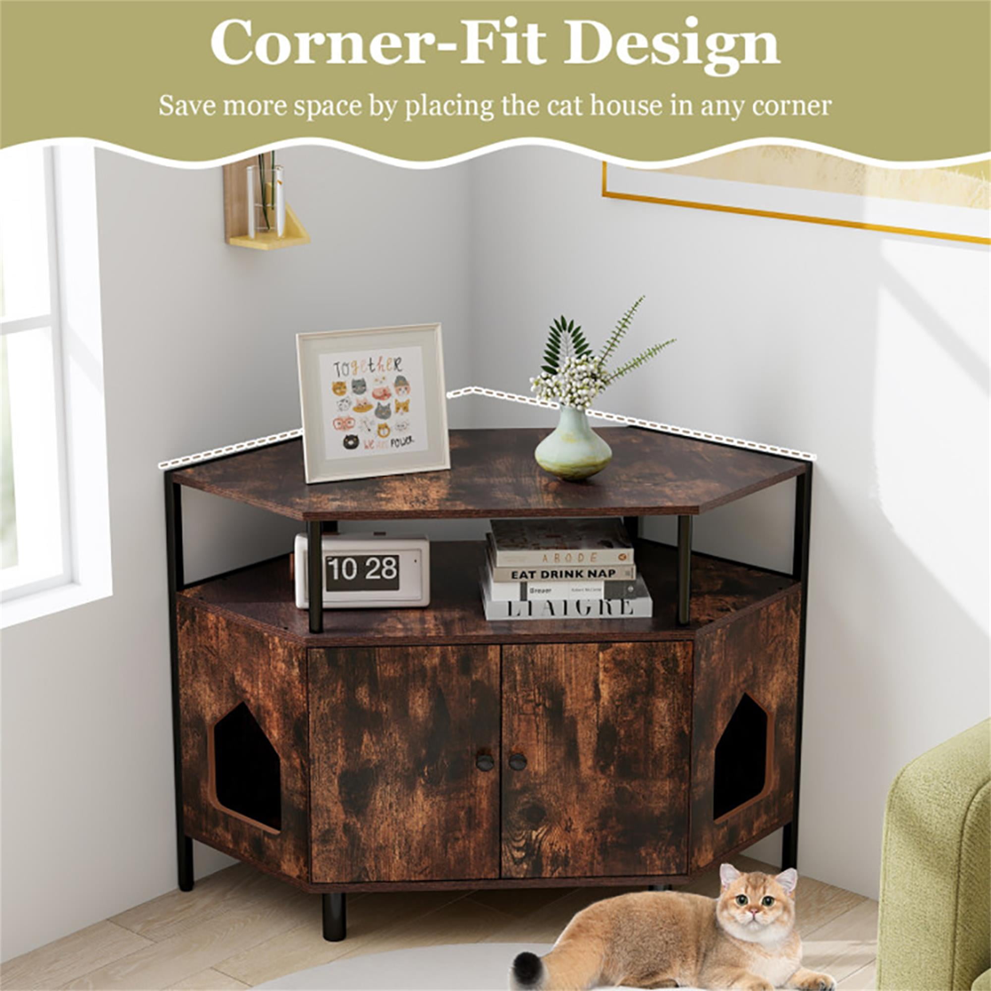 Kadyn 41" Large Hidden Cat Litter Box Furniture with Shelf, Wood Sturdy Cat Washroom Enclosure Cat House Storage with 2 Entrances, Brown
