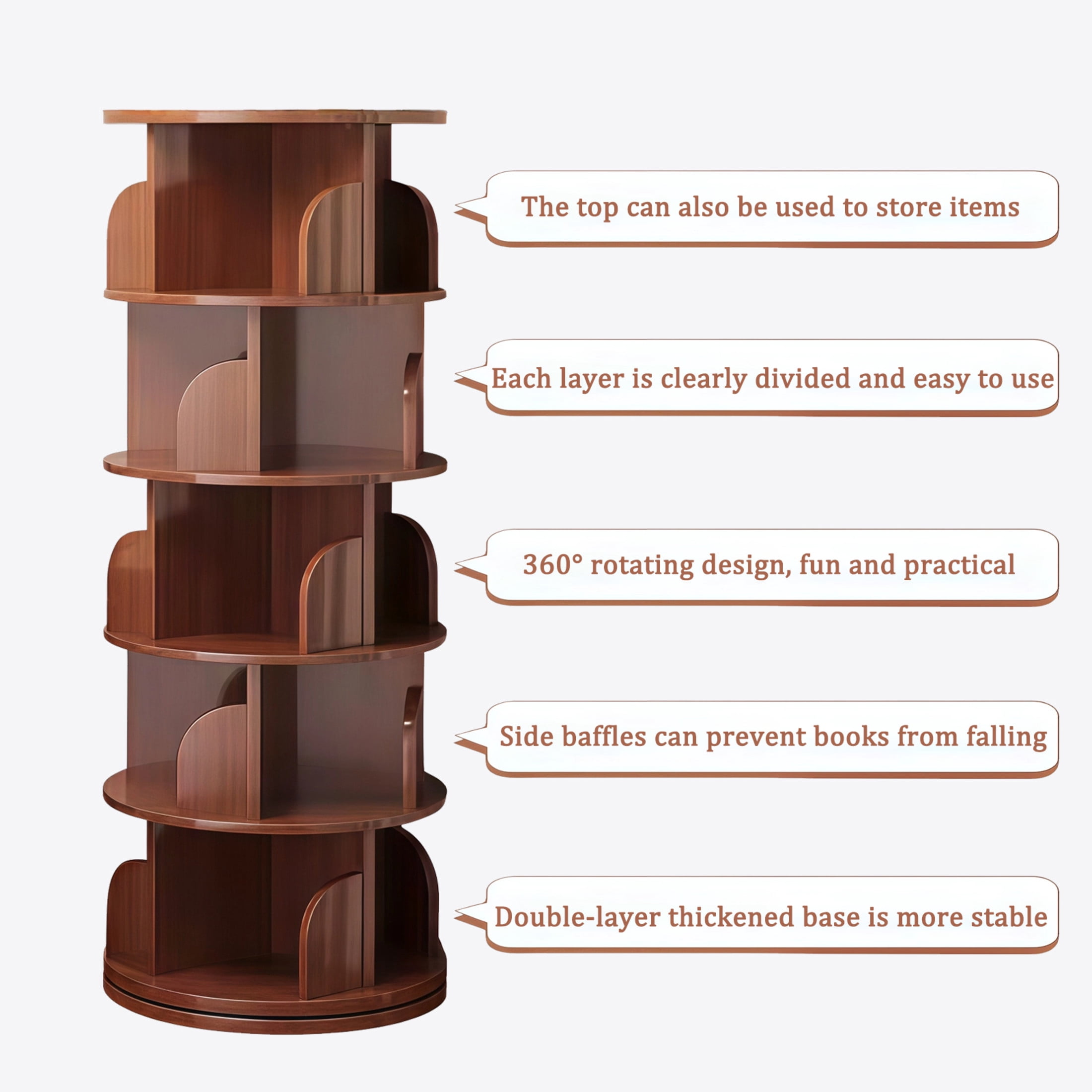 Noble House Pamela 5-Tier 360° Rotating Bookshelf, Round Display Tower, Space-Saving, for Home Office, Walnut
