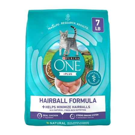 Purina ONE Plus, Hairball Formula Dry Cat Food, Chicken, 7 lb Bag