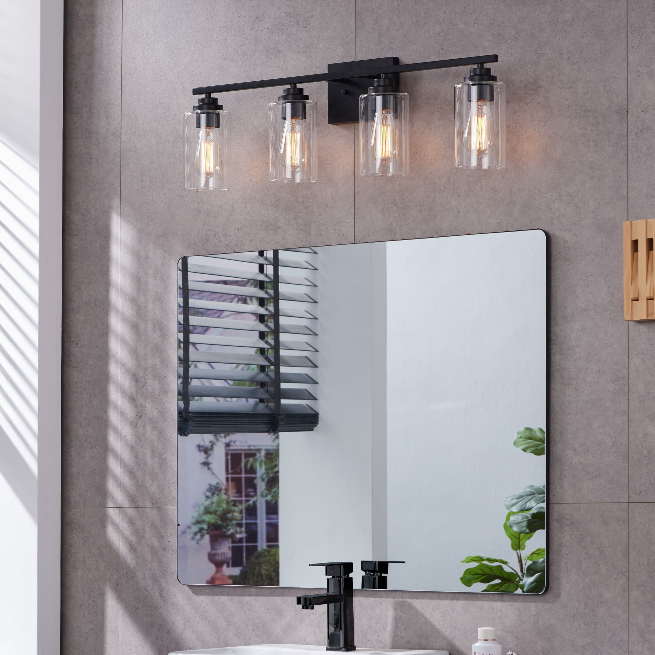 Kyrid Modern Bathroom Light Fixtures for Mirror, 4-Light Black Dimmable Vanity Light with Glass Shade, E26 Bulbs